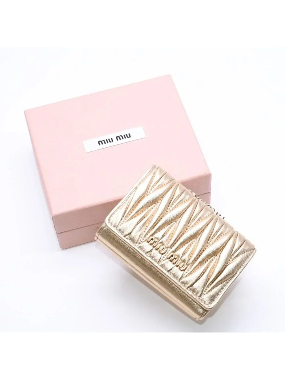 Miu Miu Matelasse Compact Wallet Trifold Gathered Gold Leather